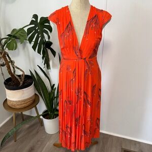 Free People Midi Dress Womens 0 Orange Botanical Deep V-Neck Pleated Boho Summer